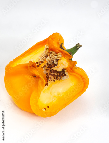 Spoilt yellow bell pepper cur open, isolated on white with copy space