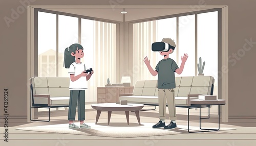 Cartoon of Two Children Playing with Virtual Reality in a Bright, Modern Living Room