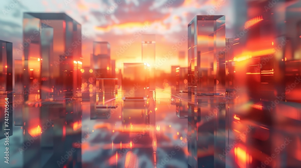 A dynamic 3D abstract composition with an array of floating modern prisms reflecting and refracting a cityscape at sunset
