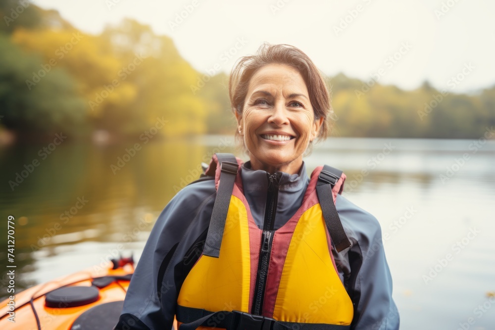 Portrait of smiling senior woman paddling in kayak on lake Portrait of smiling senior woman paddling in kayak on lake