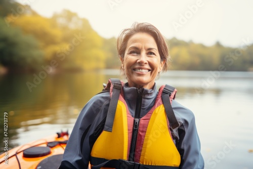 Portrait of smiling senior woman paddling in kayak on lake © Nerea