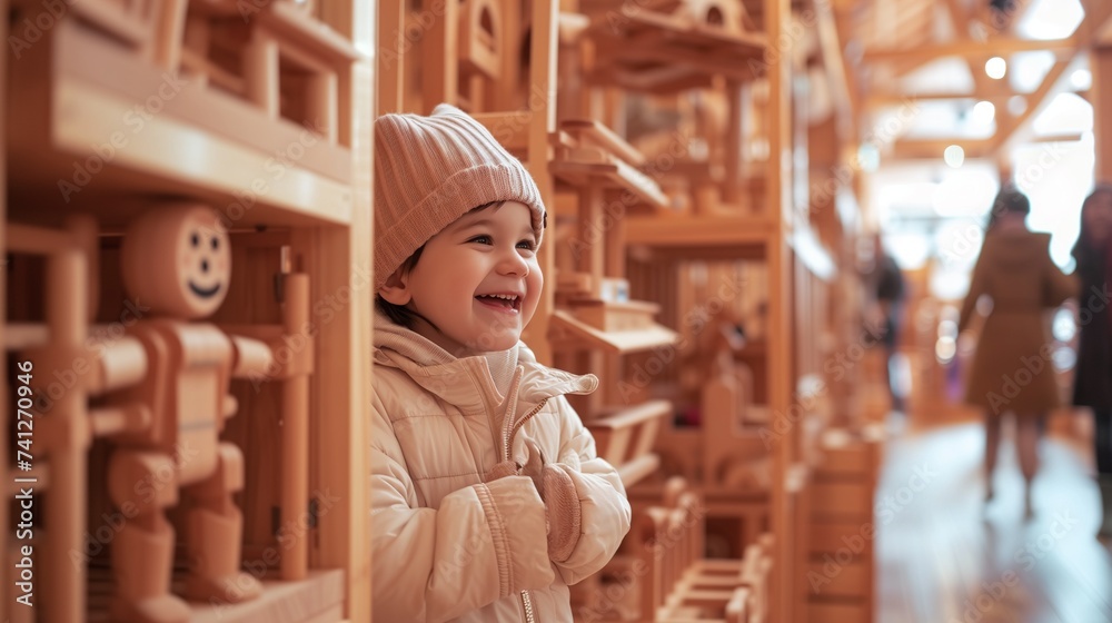Child in a toy store. A young child is seen from behind, gazing up at shelves stocked with colorful toys, conveying a concept of wonder and choice in a retail environment.