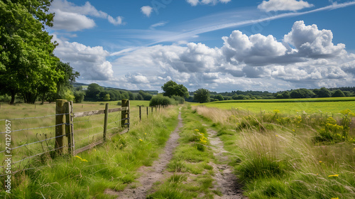 Panorama of a footpath through fields and hedgerows in summer