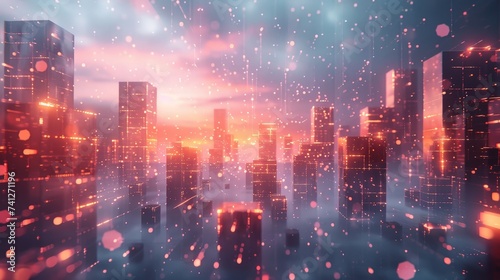 A 3D rendered visual of an abstract modern cityscape  with floating geometric buildings and a network of light streams in a sky of gradient twilight