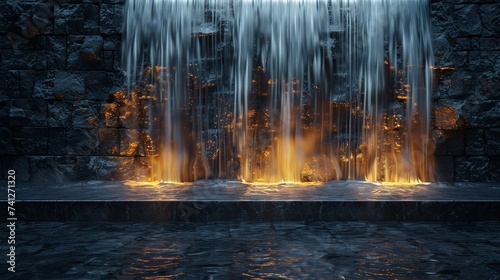 Fototapeta Naklejka Na Ścianę i Meble -  A modern 3D rendered wall of cascading water with embedded neon lights, against a backdrop of dark stone