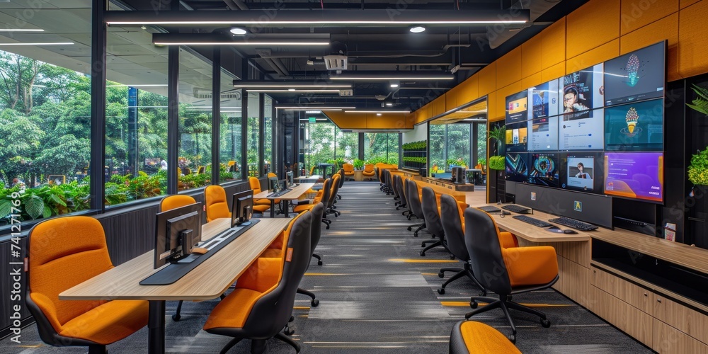 A warm and inviting office environment featuring a large window, exposed brick walls, and vibrant orange chairs around a white table. A warm and inviting office environment featuring a large window, exposed brick walls, and vibrant orange chairs around a white table.