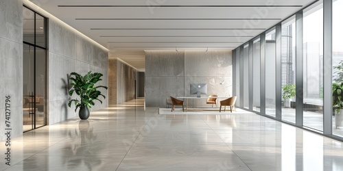 Minimalistic and elegant office lobby with reflective marble walls, modern furniture, and abundant natural light. © Thares2020