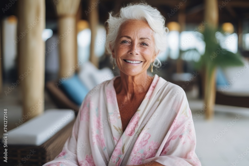 Portrait of smiling senior woman in bathrobe sitting in spa resort