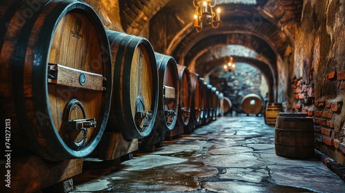 cellar with barrels for storage of wine. Created with Generative AI.