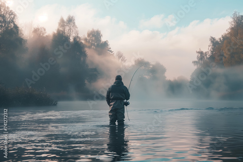 Misty morning fly fishing: Solitary fisherman in serene river landscape photo