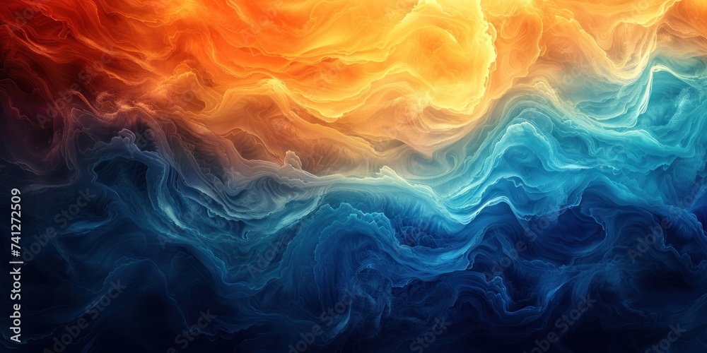 A seamless abstract gradient that transitions from fiery orange to icy blue, evoking a sense of fluid dynamism. - obrazy, fototapety, plakaty 
