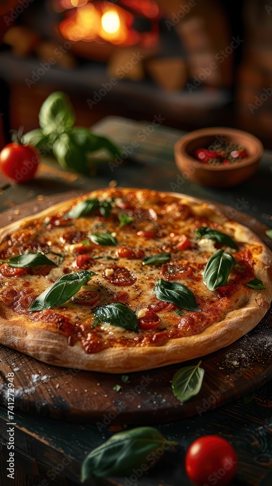 Pizza with basil fresh out of the oven Pizza with basil fresh out of the oven