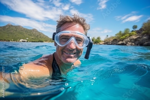 Senior man snorkeling in the sea with mask and goggles