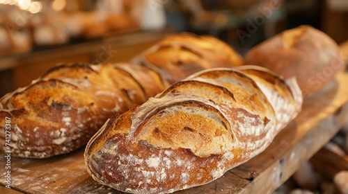 Rustic artisan bread loaves in bakery display