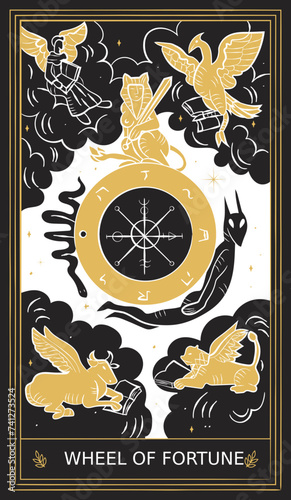 Wheel of Fortune Tarot Card Major Arcana in Vector Illustration