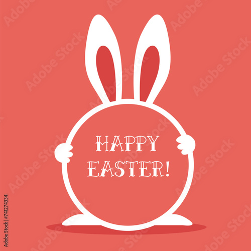 Easter celebration concept in cartoon style. Anthropomorphic Easter bunny`s on a colorful abstract background with easter eggs. photo