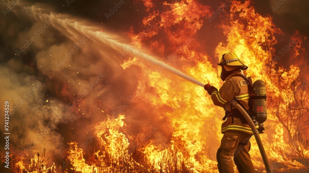 Fototapeta premium Brave firefighter extinguishing wildfire