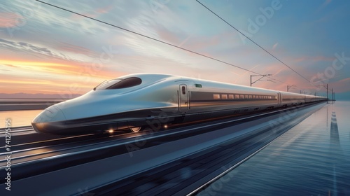 Modern high-speed train travel at sunset