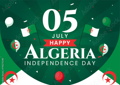 Happy Algeria Independence Day Vector Illustration with Waving Flag and Map in National Holiday Flat Cartoon Background Design photo