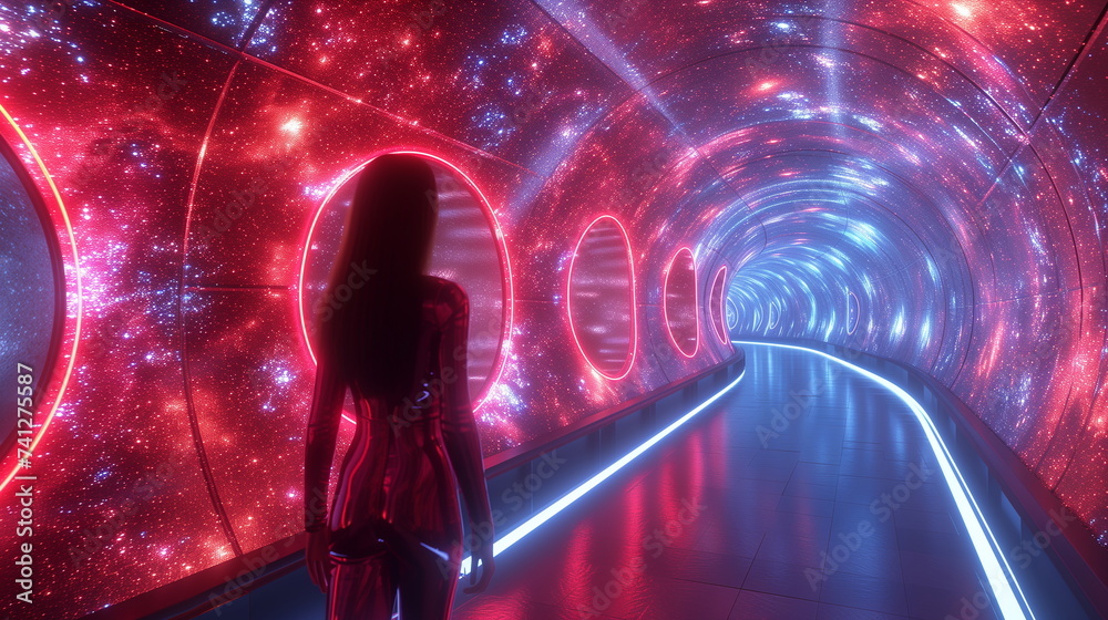 luminescent sleek tunnel within a futuristic spaceship, offering against stellar backdrops, futuristic and modern, neon lights, white interior - obrazy, fototapety, plakaty 
