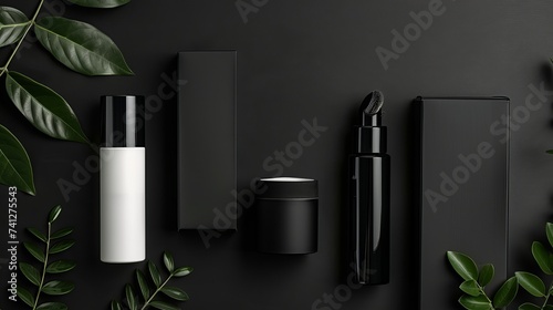 Cosmetic products. minimalist, with a dark slate background, black and white packaging, and few plants