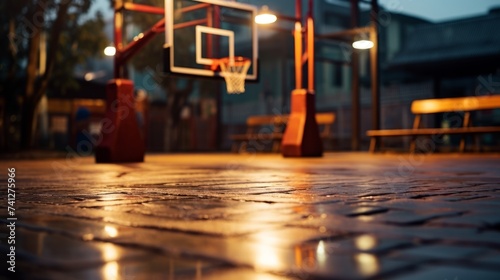 Basketball Court With Illuminated Lights and Benches in the Background