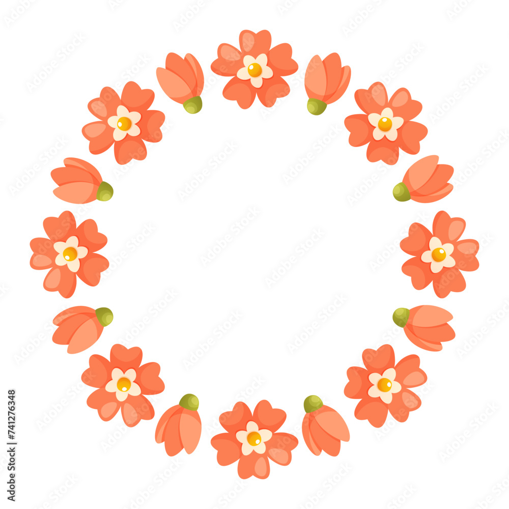 Spring summer wreath of pink red flowers. Vector illustration of a round wreath with place for text on a white background. The illustration is suitable for the design of holiday cards, posters. Spring summer wreath of pink red flowers. Vector illustration of a round wreath with place for text on a white background. The illustration is suitable for the design of holiday cards, posters.