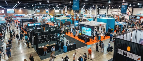 Bustling high-tech convention center with innovative exhibits photo
