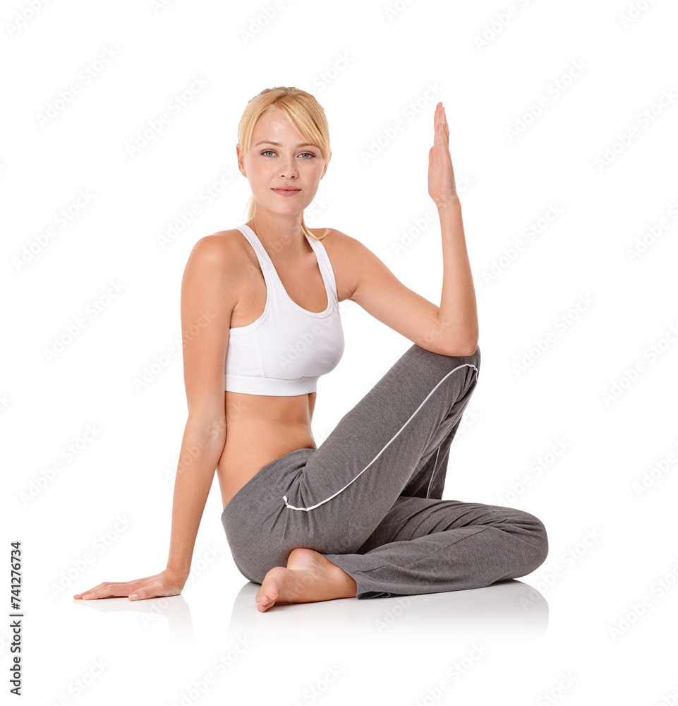 Woman, portrait or yoga and stretching in studio for exercise, healthy body or wellness with fitness or smile. Pilates, person and face or flexible in sportswear for core strength on white background