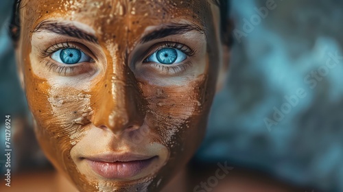 Beautiful girl with blue eyes and mud mask on face looking in the camera, skin care products.
