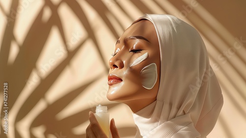 Girl applying face cream on face, skin care and beauty products, cosmetics.