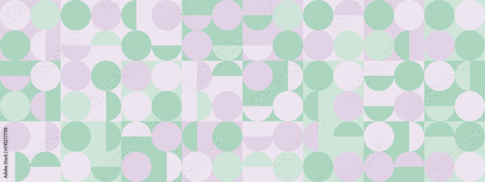 Seamless trendy green and lavender background with circles and squares for textiles or covers. Mosaic with purple and pistachio geometric shapes texture, template for web intro. Seamless trendy green and lavender background with circles and squares for textiles or covers. Mosaic with purple and pistachio geometric shapes texture, template for web intro.