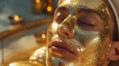 Gold face mask application, girl reclining gold face mask on skin, beauty products, skincare.