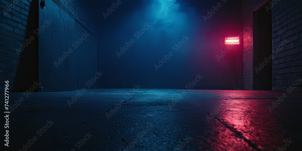 Obraz premium A dark empty street, dark blue background, an empty dark scene, neon light, spotlights The asphalt floor and studio room with smoke float up the interior texture. night view
