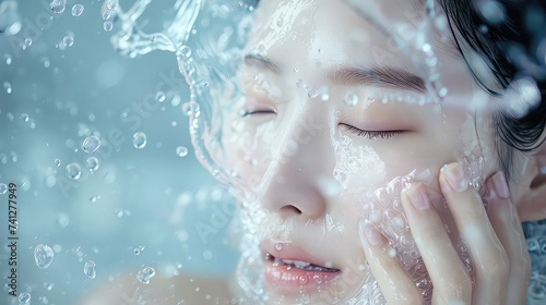 Girl washing her face, facial beauty, beauty product, facewash, healthy skin, splashing water. photo