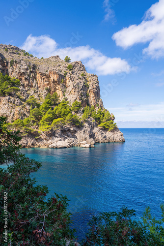 Picturesque landscapes of Mallorca. Rocky coast, turquoise sea. Sunny day. Sa Calobra, Mallorca island, Spain, Balearic Islands.