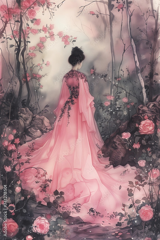 Rear view of the beautiful woman in a pink flower dress in a rose blossom garden. Dreamy spring background. Water color painting.
