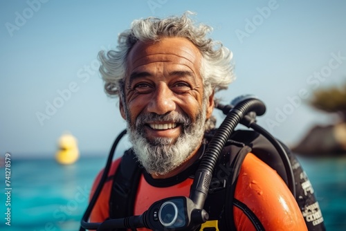 Portrait of happy senior man wearing scuba gear on the beach © Nerea