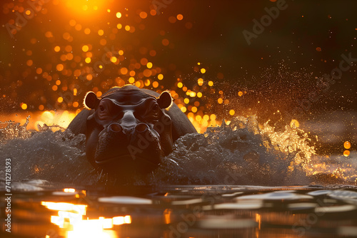 Hippopotamus in the water at sunset photo