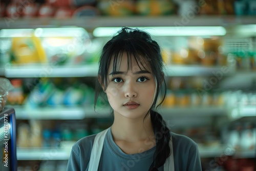 Female Employee Making Eye Contact in Supermarket with Blurred Grocery Store Background. Concept Supermarket Employee Portraits, Eye Contact, Blurred Background