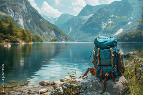 Backpack on the mountain and lake background. Scenic nature on mountain nobody, travel photo, selective focus