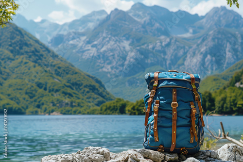 Backpack on the mountain and lake background. Scenic nature on mountain nobody, travel photo, selective focus
