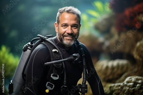 mature man scuba diver in underwater world with coral reef background © Nerea