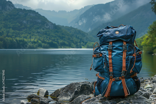 Backpack on the mountain and lake background. Scenic nature on mountain nobody, travel photo, selective focus