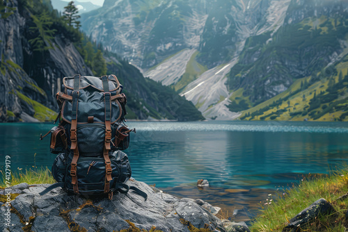 Backpack on the mountain and lake background. Scenic nature on mountain nobody, travel photo, selective focus