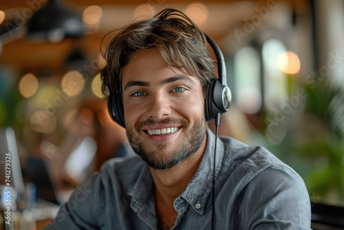happy Male contract service representative telemarketing operator smiling to camera. Happy man call center agent or salesman wearing headset working in customer support office.