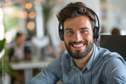 happy Male contract service representative telemarketing operator smiling to camera. Happy man call center agent or salesman wearing headset working in customer support office.