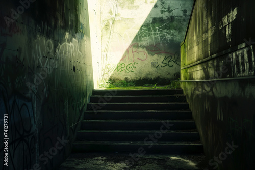 Old dirty underpass or tunnel in the city with dirty concrete walls and moss - theme of abandoned places without people photo