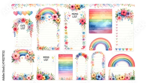 watercolor memo list items with cute floral designs in shades of rainbow colors, isolated on a white background, suitable for organization and scrapbooki