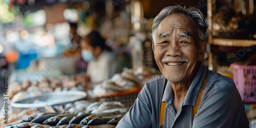 A happy Asian senior fish vendor at a marketplace showcasing local traditions. Concept Portrait Photography, Cultural Heritage, Asian Traditions, Senior Vendor, Marketplace Scene